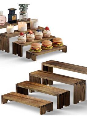 BNIB 2 Set Large Wooden Tiered Riser Display Stands (12" 11" 10.2" 9.5")